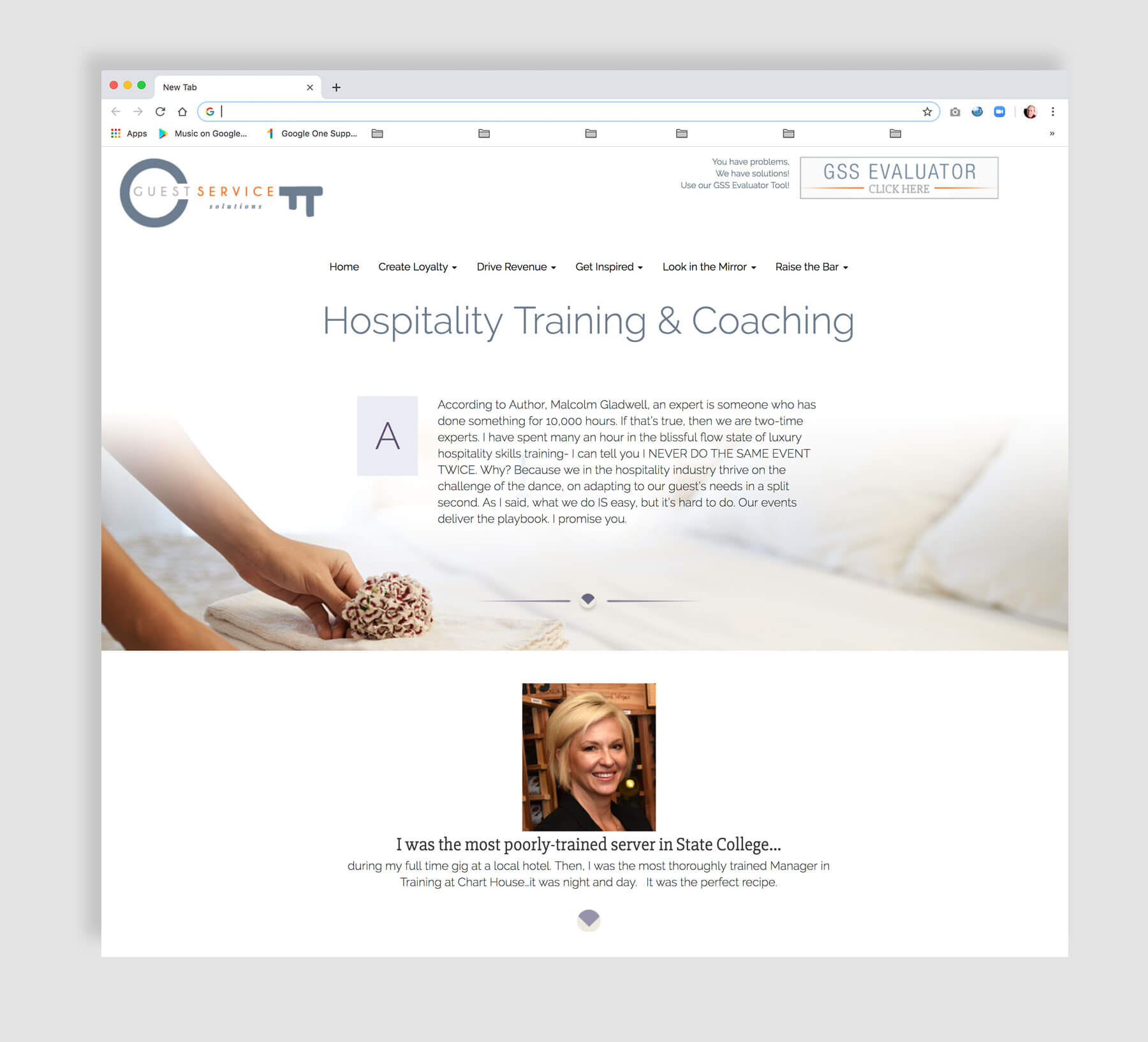 Web design example for a hospitality business