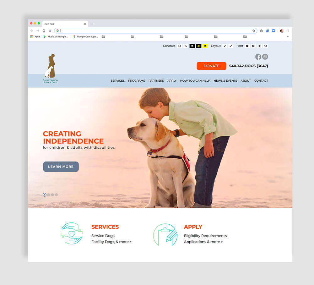 Home page web design for a service dogs organization