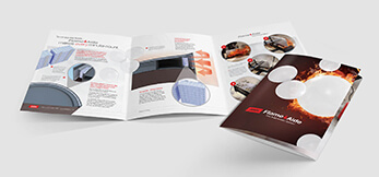 Industrial brochure design showing fire-suppression systems for large oil and gas storage tanks