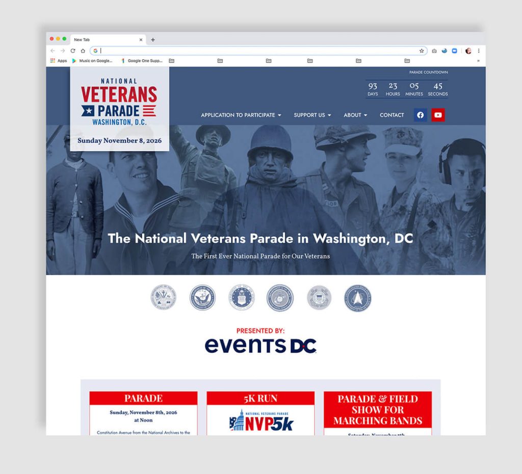 Example website design and development for the home page of the National Veterans Parade in Washington DC